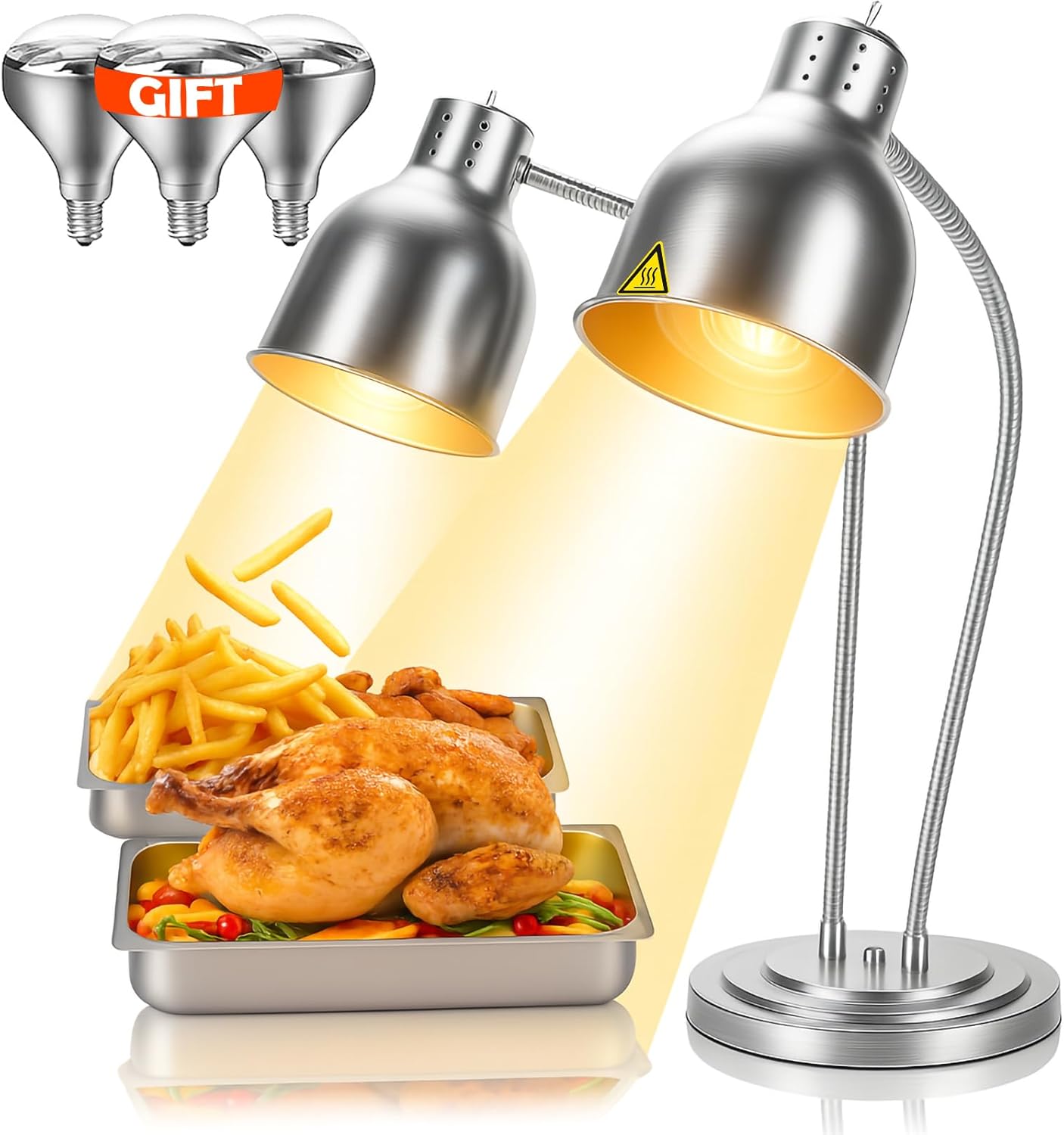 Commercial Grade Food Heat Lamp - Food Warmer with 2-Head, 3 Rapid-Heating Bulbs, Flexible Arm, Electric Heating Light Food Warming Lamp for Buffet Restaurant Kitchen Cafeteria, Portable 500W Heater