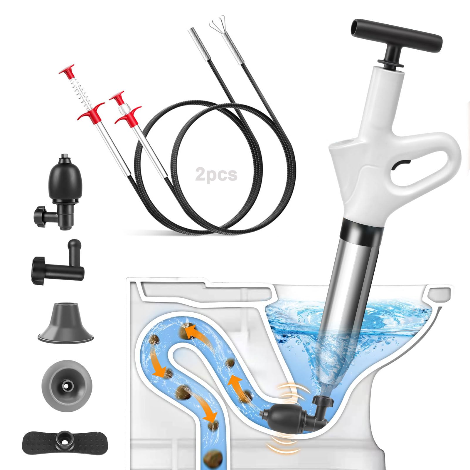 Deboucheur WC, 4-en-1 à Air Comprimé Ventouse Haute Pression Piston Puissant, Toilette/Évier/Baignoire, Anti-Bouchons Cheveux/Papier, avec 3 Têtes Remplaçables + Baromètre + Gonfleur