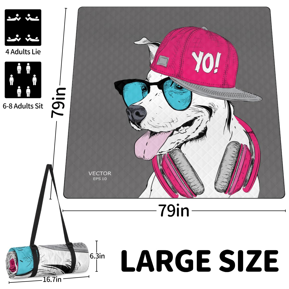 Shimoshe Extra Large Picnic Blankets 79”x 79”, Hat Glasses Headset Dog Waterproof Foldable Picnic Mat with Straps Portable Beach Blanket for Camping Park Grass Beach Indoor