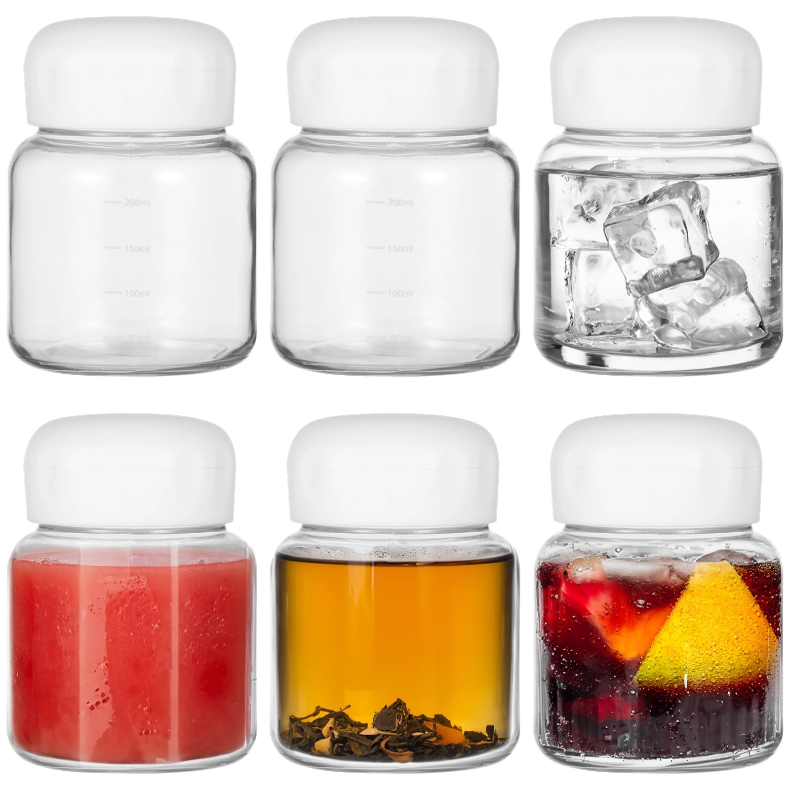 6 Stk. Glasflaschen, 300 ml klare Glasflaschen mit Skala, kleine auslaufsichere Saftflaschen mit Deckel, für Milch, Tee, Getränke, heiße und kalte Speisen