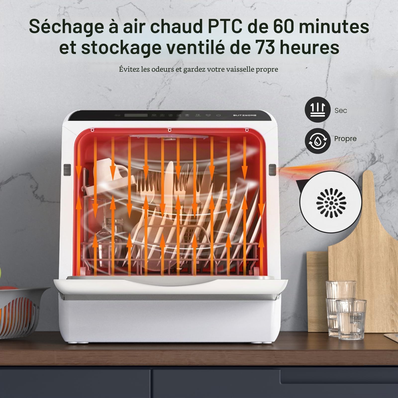Mini lave-vaisselle BLITZHOME, contrôle par application, 6 programmes, lave-vaisselle de table intelligent et portable avec réservoir d'eau de 5L, utilisable avec ou sans raccordement à l'eau, séchage