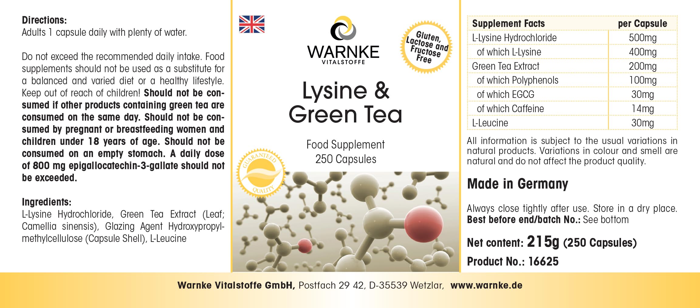 L-lisina e tè verde - 250 capsule - polifenoli - EGCG - caffeina - vegano e ad alto dosaggio - confezione grande | Warnke Vitalstoffe - Qualità farmaceutica tedesca