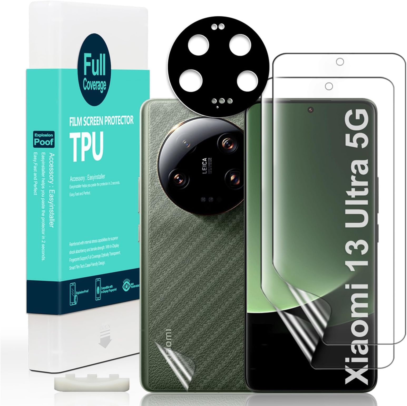 Screen Protector For Xiaomi 13 Ultra 5G,with 2Pcs Flexible TPU Film,1Pc Camera Lens Protector,1Pc Backing Carbon Fiber Film[Fingerprint Reader,Easy to install]