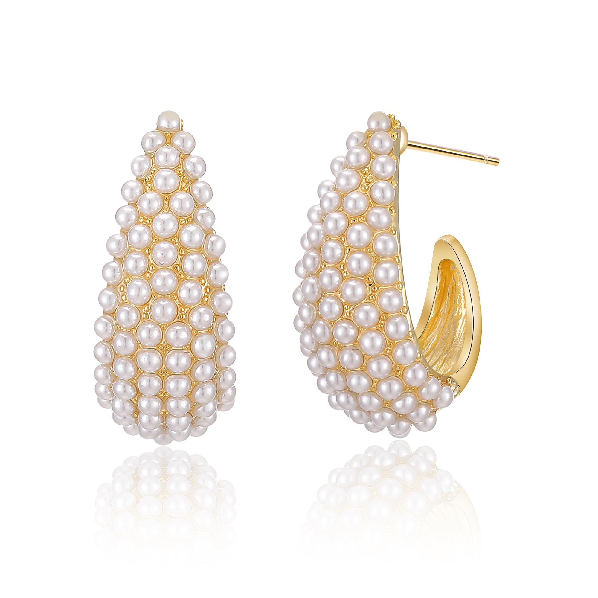 NANDUDU Pearl Earrings for Women Gold Hoop Earrings - Teardrop Earrings Dainty Pearl - Cubic Zirconia Chunky Hoop Earrings Trendy Hypoallergenic Tear Drop Jewelry