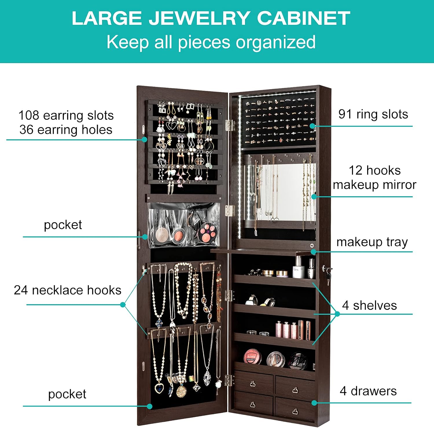 CHARMAID LED Strip Jewelry Armoire with 47.2" H Full Length Mirror, Wall Door Mounted Jewelry Organizer Cabinet with Built-in Mirror, Flip-over Cosmetic Tray, 4 Drawers (Coffee)