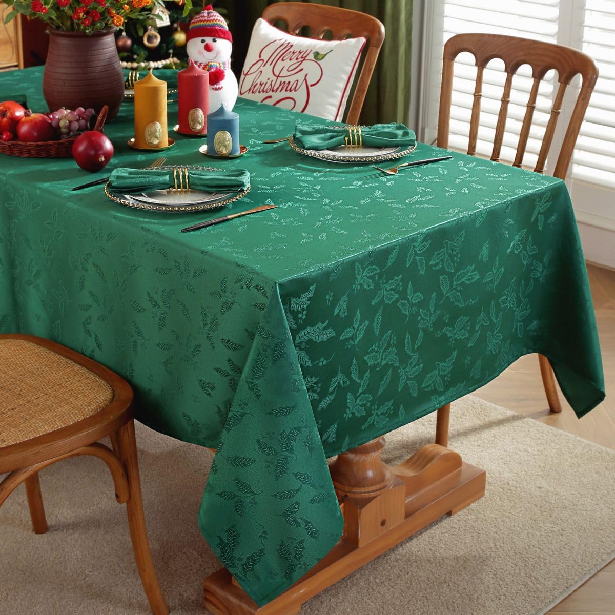 Honellaty Rectangle Christmas Holiday Tablecloth Jacquard Fabric Table Cloth,Winter Holly Berry Leaf Pattern Spill-Proof Table Cover for Family Gathering Dinner Decor 60×102 Inches Green