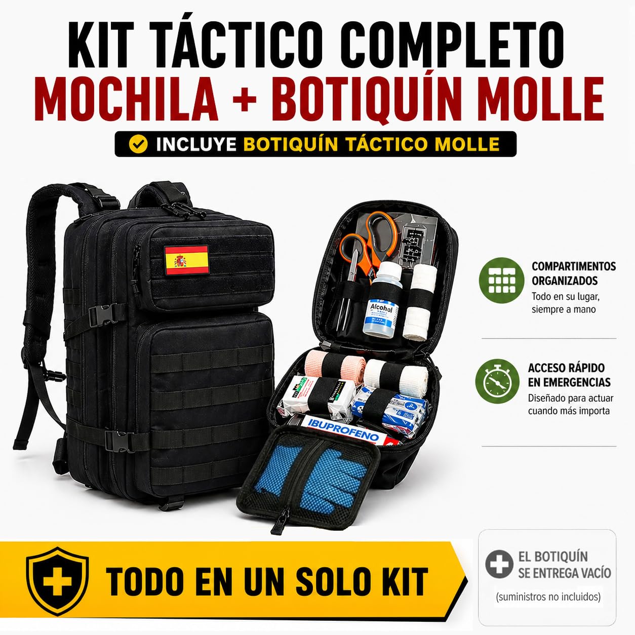 Mochila Táctica Militar 45L con Sistema MOLLE – Mochila Impermeable para Supervivencia y Emergencia, Senderismo, Camping y Outdoor – Mochila Resistente Trabajo y Herramientas + Botiquín MOLLE