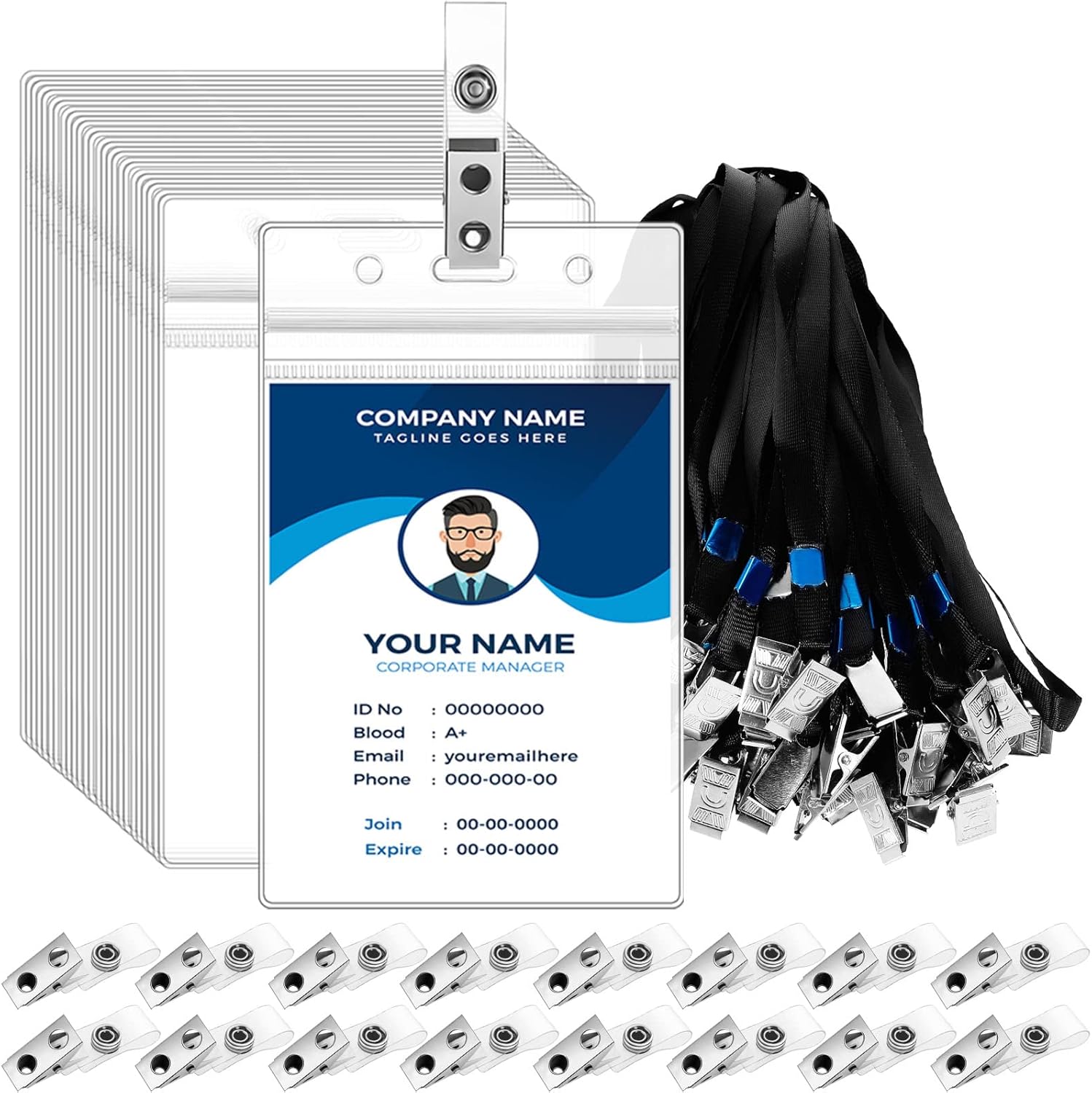 100 Set ID Badge Holder with Lanyard and Clip 4x3 Inch