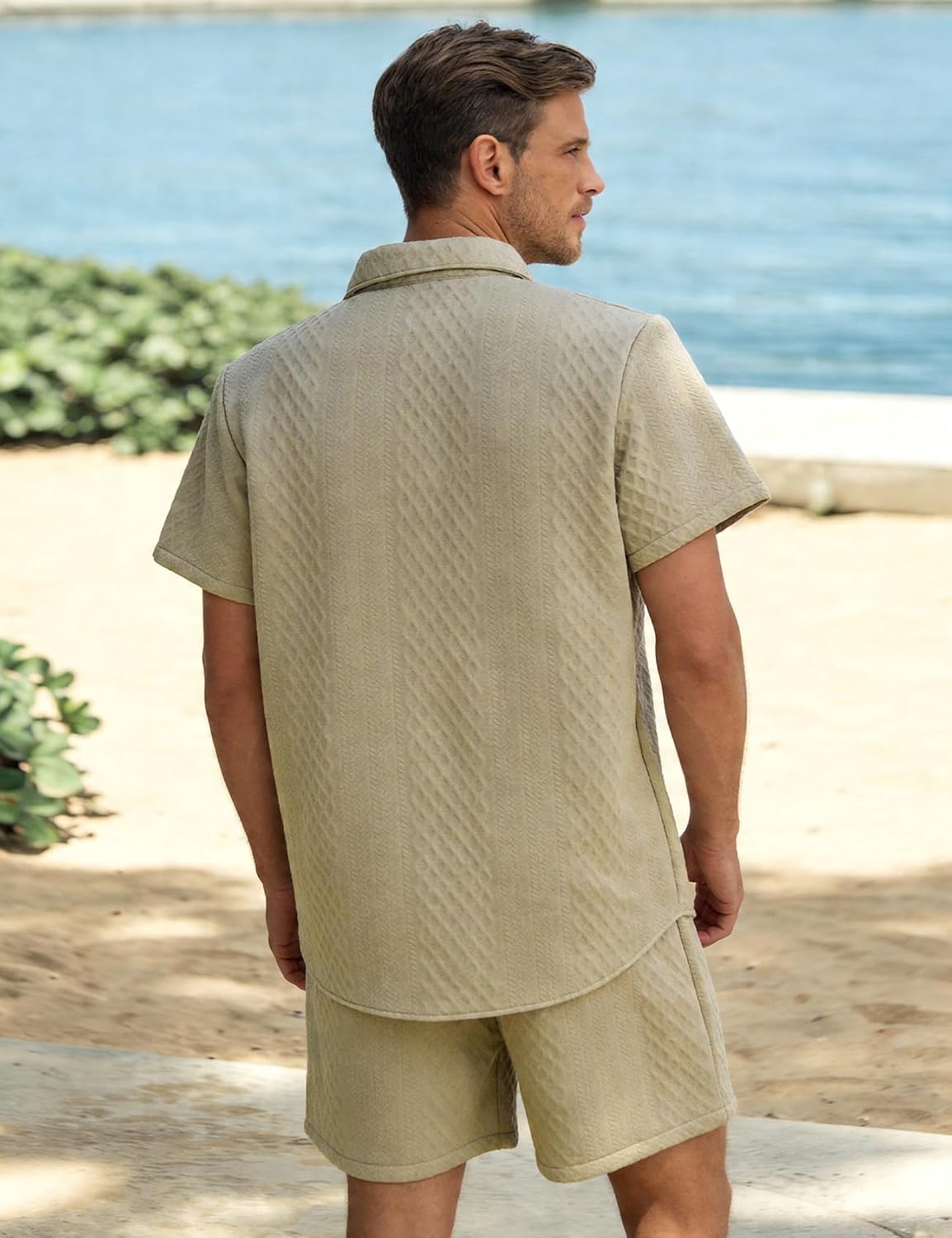 Men's 2 Piece Outfits Button Down Beach Shirts Shorts Set Short Sleeve Waffle Knit Summer Lounge Wear image 5