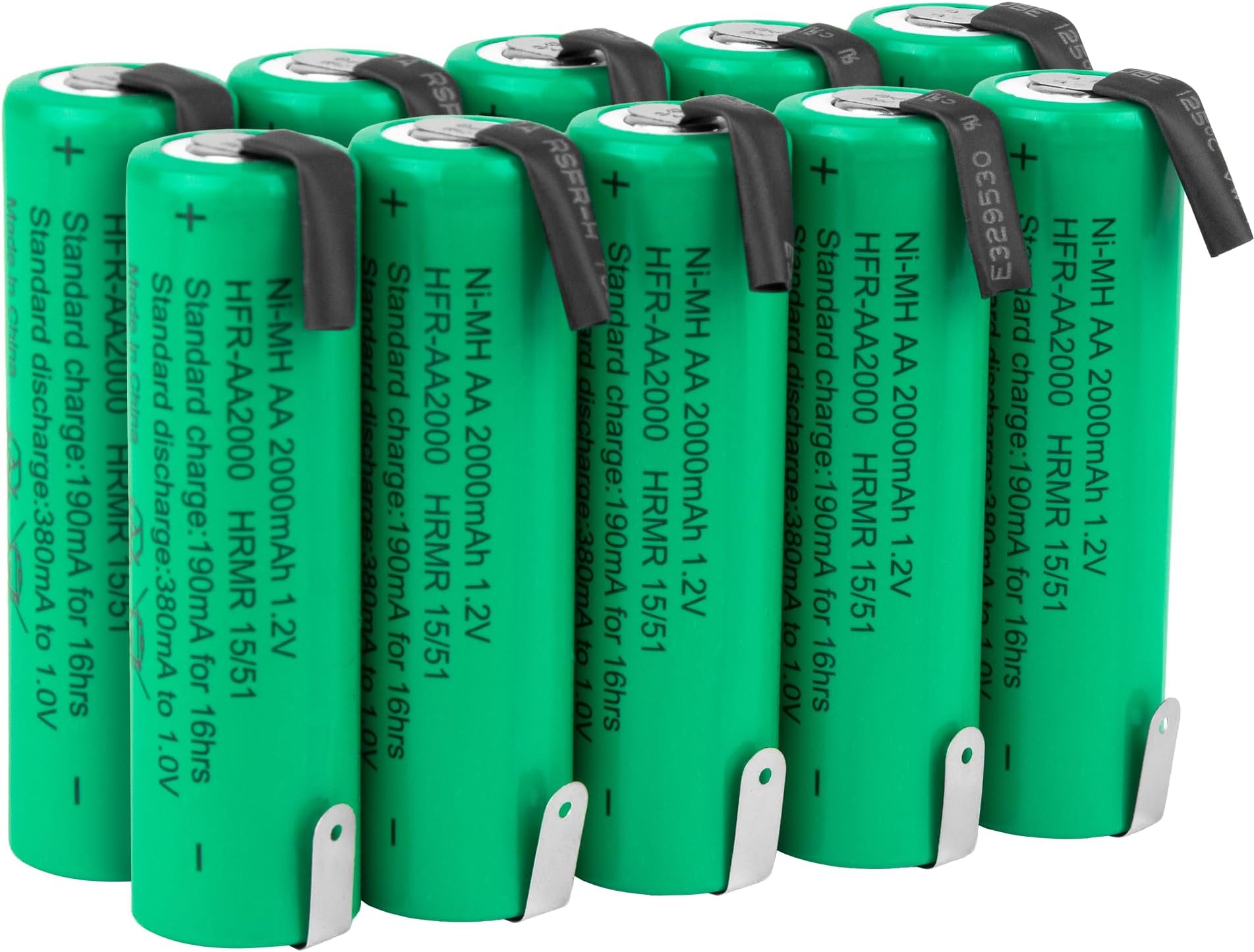 AA 1.2V NiMH 2000mAh Flat Top Rechargeable AA Batteries with Tabs, 10 Pack