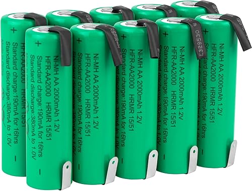 Tenergy AA 1.2V NiMH 2000mAh Pilas AA recargables con parte superior plana con pestañas, paquete de 10