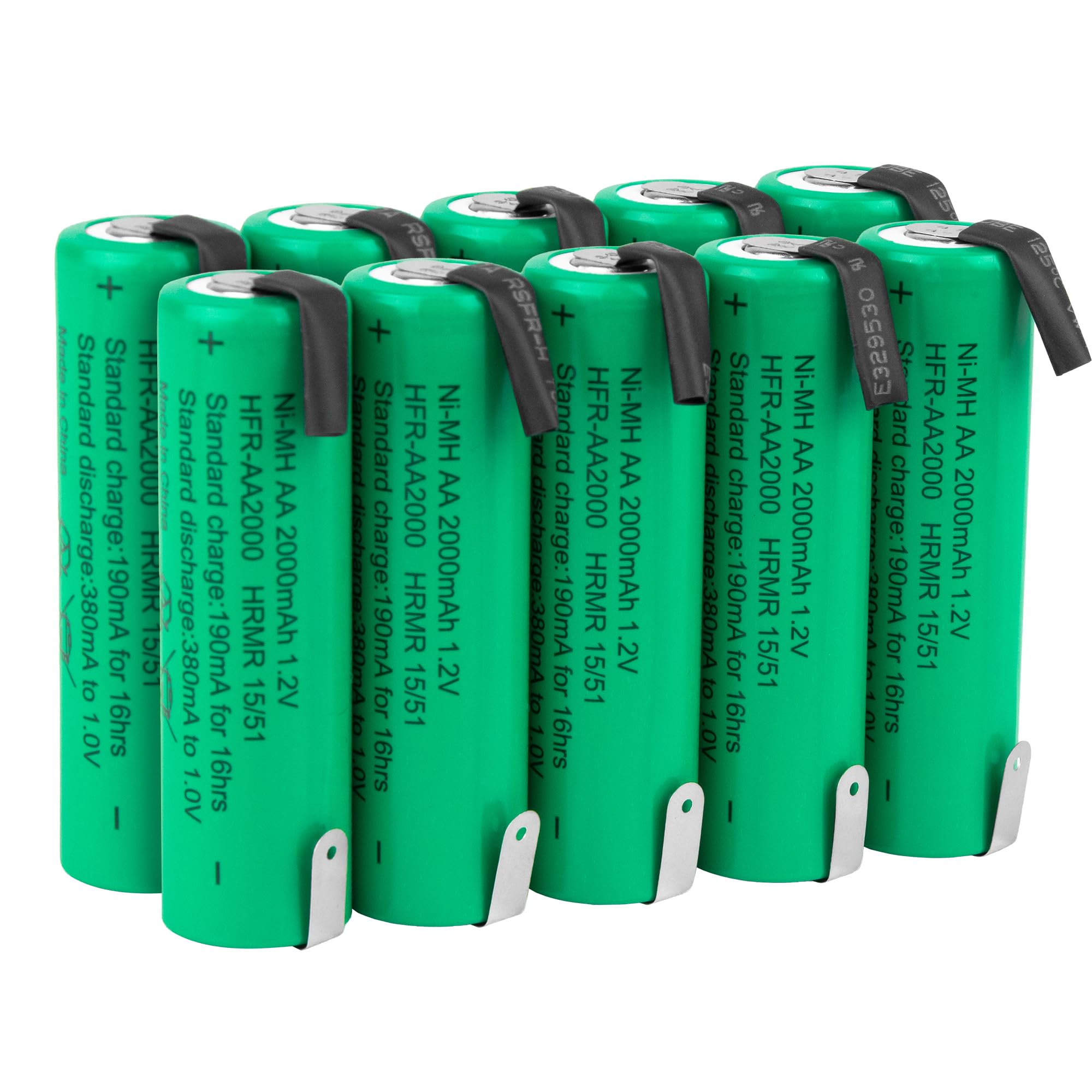 Tenergy AA 1.2V NiMH 2000mAh Flat Top Rechargeable AA Batteries with Tabs, 10 Pack