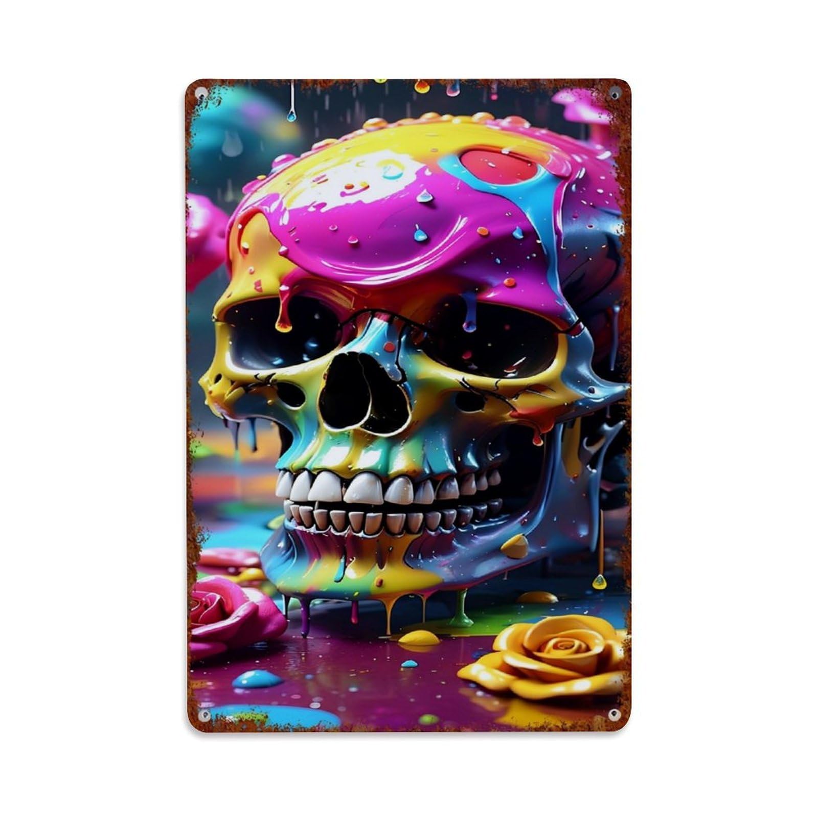 Jdfenggu Vintage Colorful Skull With Dripping Paint Retro Metal Tin Sign, Decor Art Poster For Bar, Home, Man Cave, Kitchen, Laundry Room Gift 8X12inch