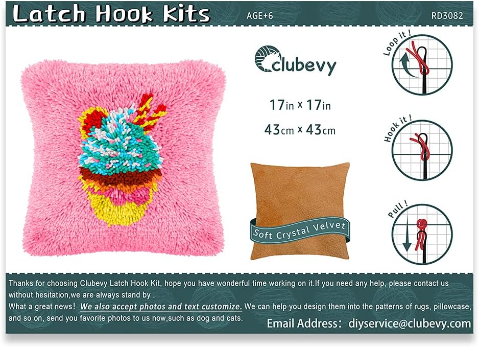 clubevy Latch Hook Kits DIY Throw Pillow Cover Crochet Crafts for Beginner Kids and Adults Handmade Crafts Home Decoration Festival Birthday Gift,Ice Cream 17 x17 inch