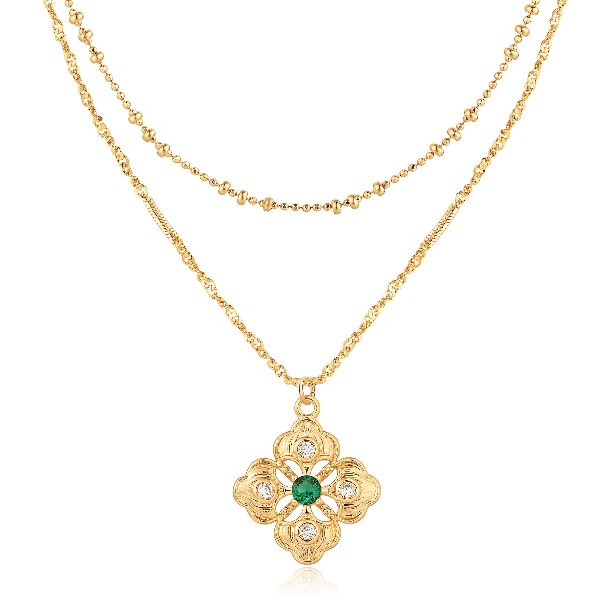 VACRONA Layered Gold Necklaces for Women 14K Gold Plated Stackable Dainty Necklace Cubic Zirconia Clover Floral Pendant Necklace Simple Chain Necklace