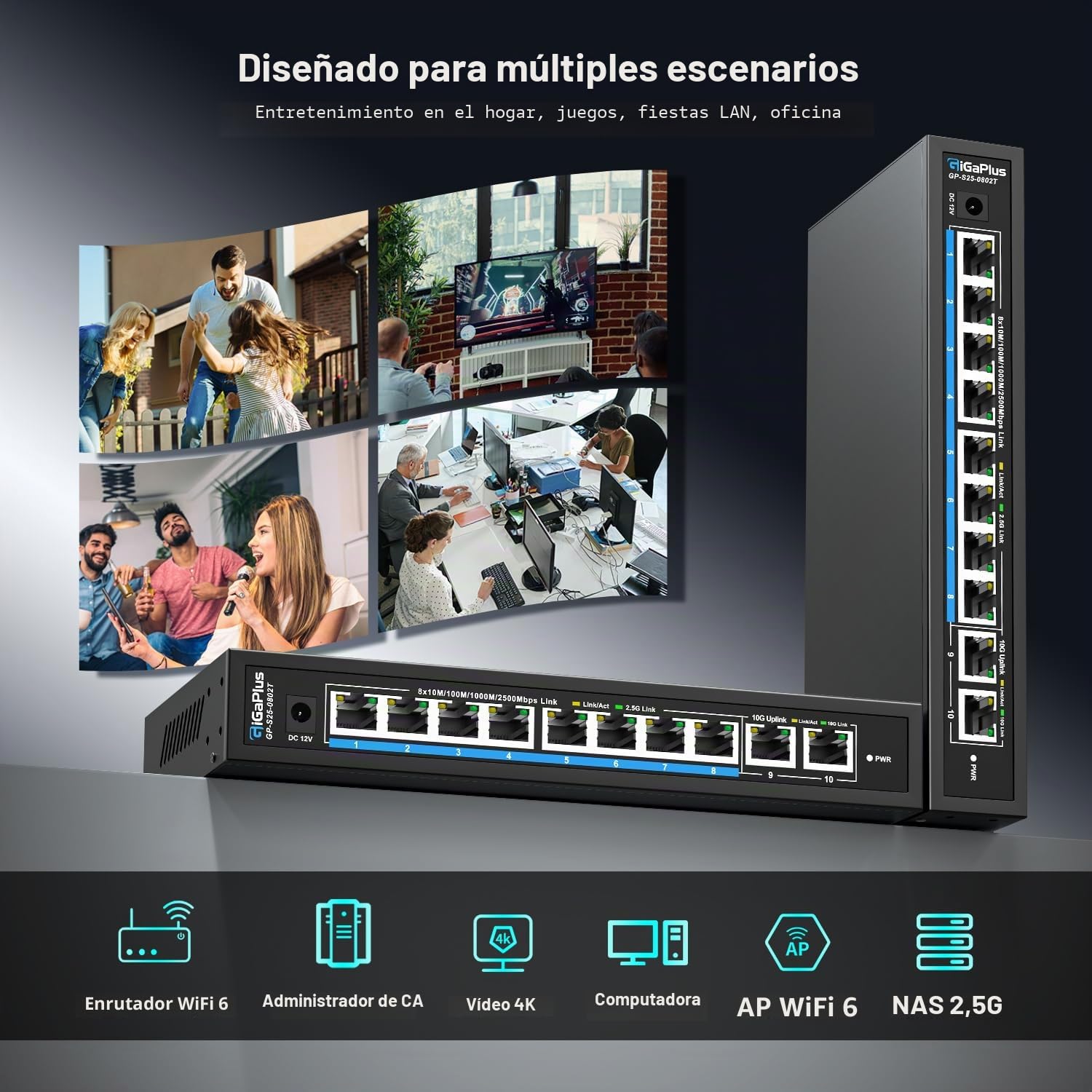 Conmutador Ethernet no administrado de 10 puertos y 10G con 8 puertos 2.5G Base-T y 2 puertos RJ45 10G. Capacidad de conmutación de 80 Gbps. Conmutador de red GiGaPlus de 10Gb para NAS/PC de 2.5G/10Gb