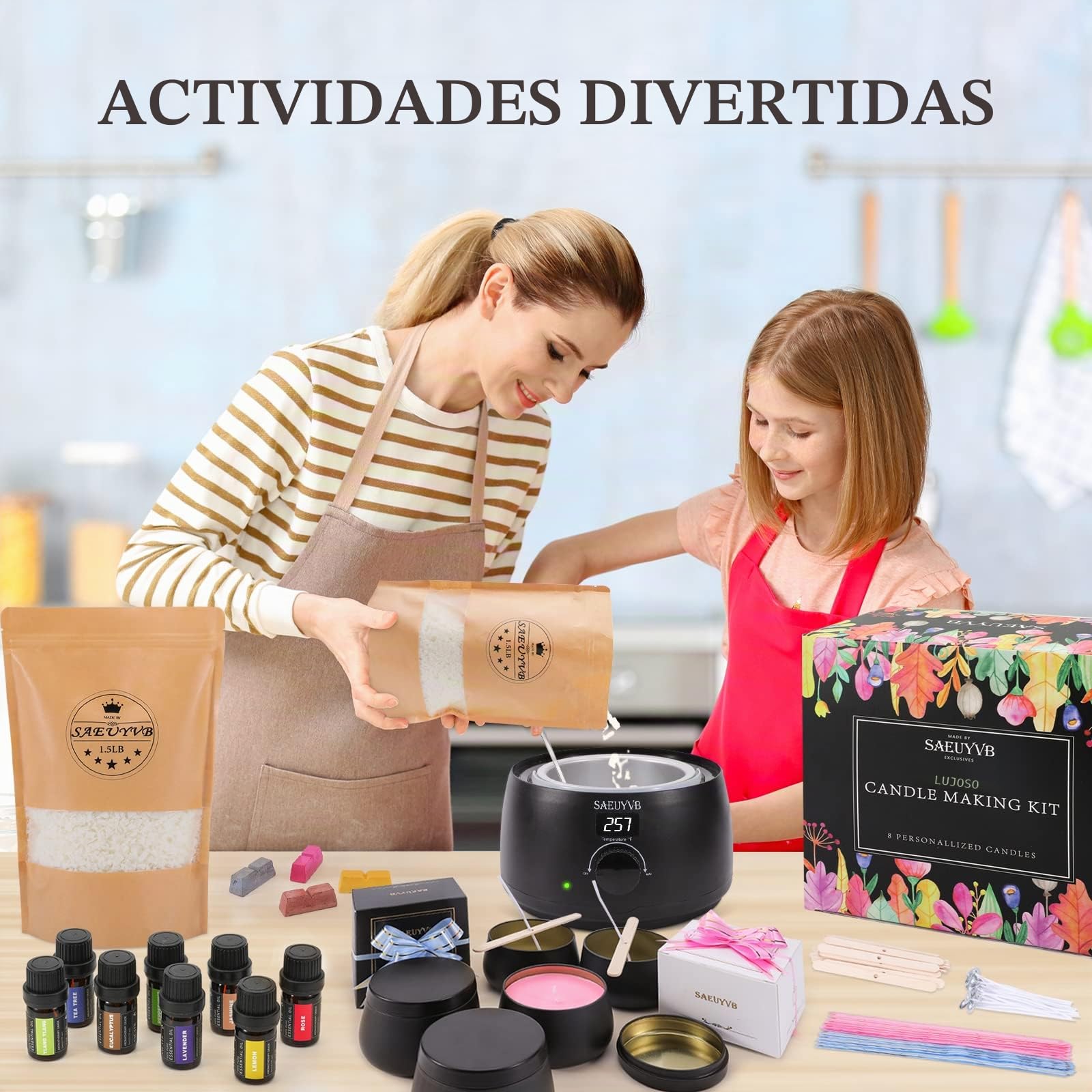 Kit de fabricación de velas, kit de cera de soja fácil de hacer, incluye cera de soja, mechas, olla de fusión con mango resistente al calor, kit de fabricación con placa caliente de fusor de cera