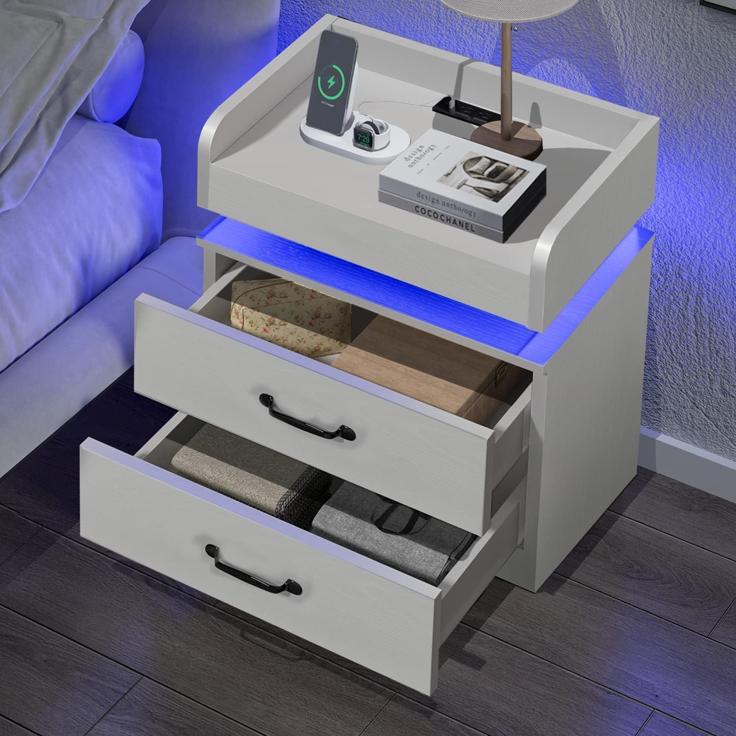 Nightstand with Charging Station, Night Stand with LED Lights, Modern Led End Table Nightstand for Bedroom, Night Stand with 2 Drawers, Bed Side Table with Storage for Living Room (1, White-New)