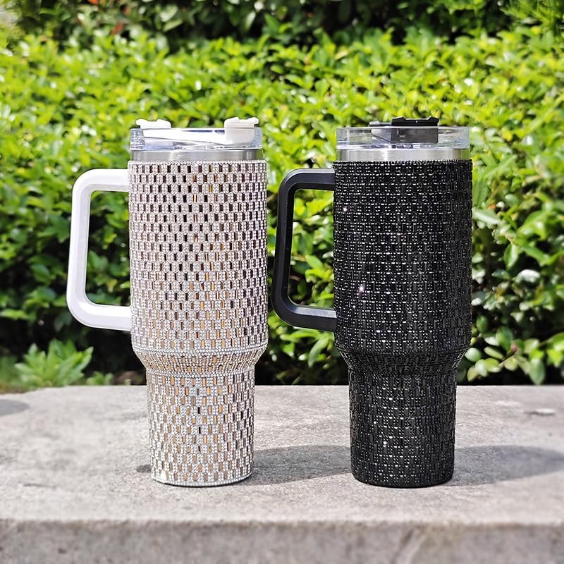 40 Oz Rhinestone Stainless Steel Tumbler With Handle & Straw Vacuum Insulated Bling Cup Made Premium Rhinestones, Metal Travel Coffee Mug, Bling Reusable Water Bottle -Gold