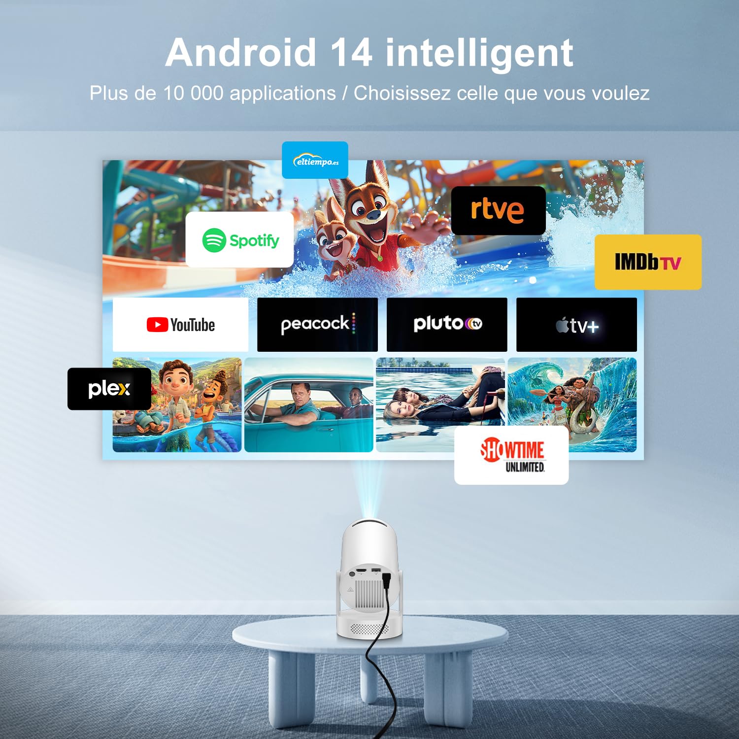 [2026 Upgraded & Apps intégrées] Salange Mini Videoprojecteur compatible 4K 1080P, Pico Projecteur Intelligent Android 14, Portable Video projecteur d'extérieur, haut-parleur 5W WiFi6 et Bluetooth 5.4