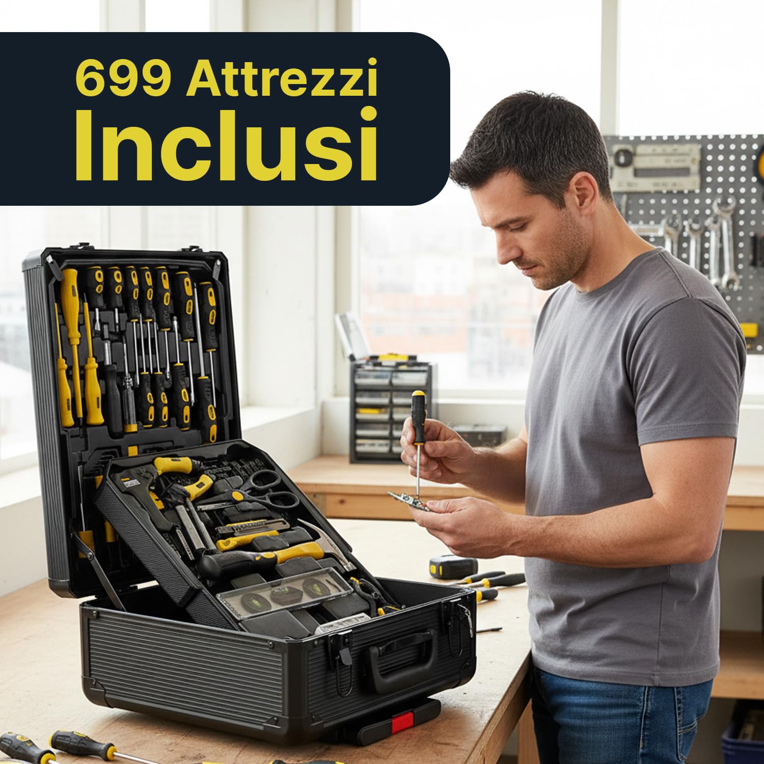 WINTEM - Trolley Porta Attrezzi 699 Pezzi Inclusi, Cassetta Attrezzi Completa, Acciaio Cromo-Vanadio (CR-V), Ruote Silenziate, Manico Telescopico e 4 Vassoi Estraibili, Kit Utensili, Casa e Officina