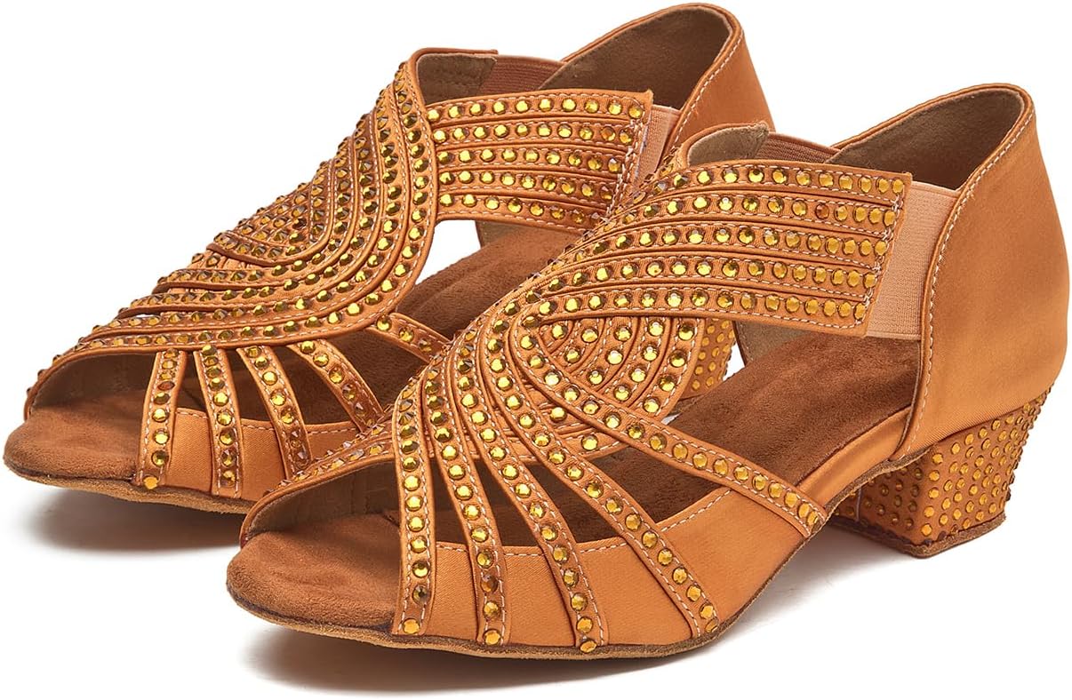 Women’s Ballroom Latin Salsa Swing Dance Shoes, 1.5-Inch Low Cuban Heel, Comfortable with Rhinestones, Elastic Slip-On, for Beginners, Practice, Social and Wedding
