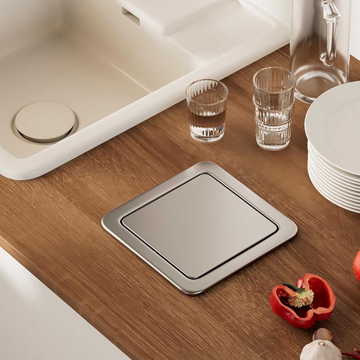 Built-in Trash Lid, Square Recessed Trash Can Cover, Countertop Flap Swing Trash Can, Flush Built-in Balance Cover for Kitchen Desktop,304 Stainless Stee,430 Stainless s(430 Stainless Steel