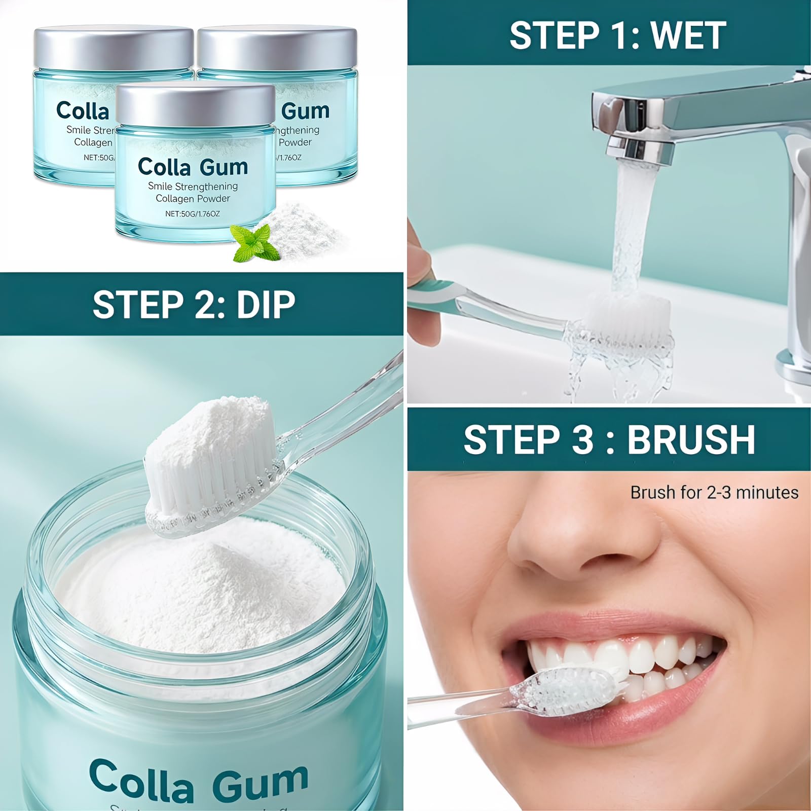 KutaKuta 3 PCS Polvo de Colágeno para Encías Colla Gum, Polvo Blanqueador Dental con Péptidos y Nano-Hidroxiapatita, Polvo de Colágeno para Encías y Dientes para Cuidado Diario — view 6