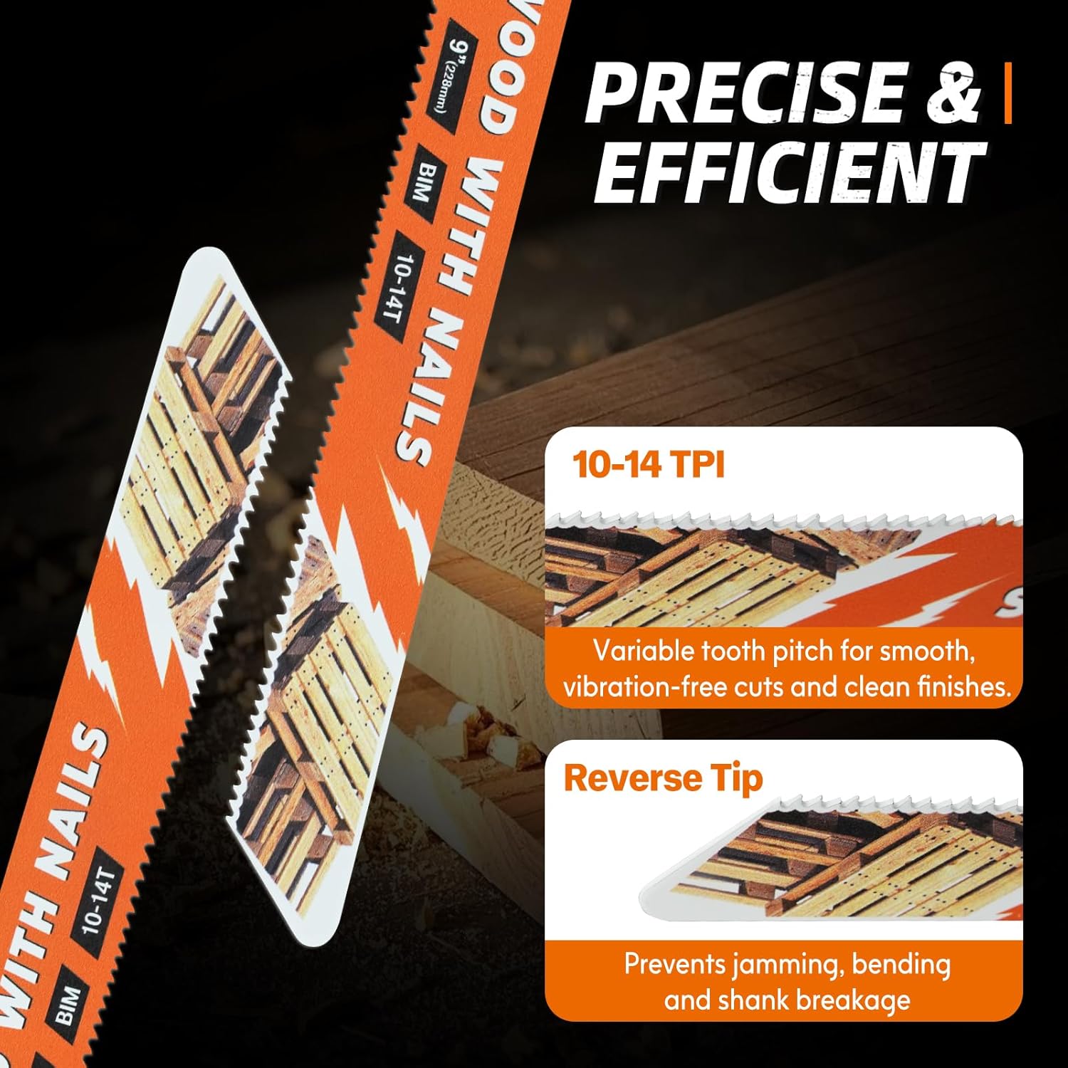 Reciprocating Saw Blade 5 Pack, 9-Inch Bi-Metal Sawzall Blades 10+14 TPI, Special for Pallet Repair, Nail Embedded Wood