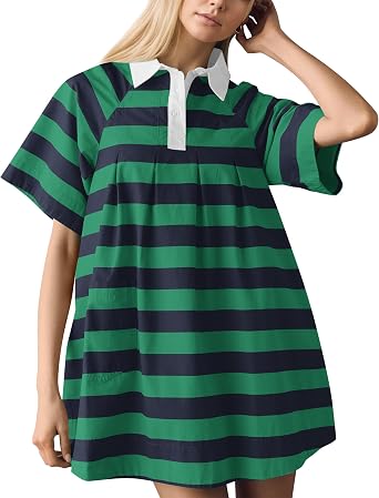 Meladyan Womens Striped Polo Dress Lapel Mini Dresses Cute Stripes Pleated Shirt Dress Summer Beach Dress with Pockets