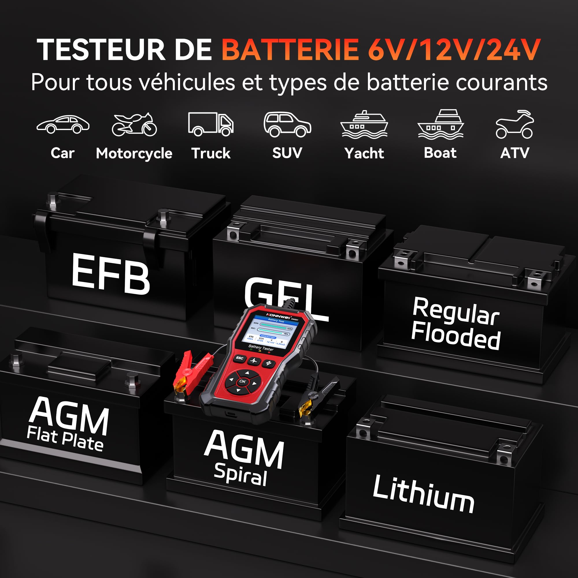 KONNWEI KW331 Testeur de Batterie avec Impression Cloud 10-2000 CCA 6V 12V 24V AGM Lithium Gel Batterie Analyseur Numérique Alternateur Système de Charge et Démarrage Voiture Moto Camions Marrine