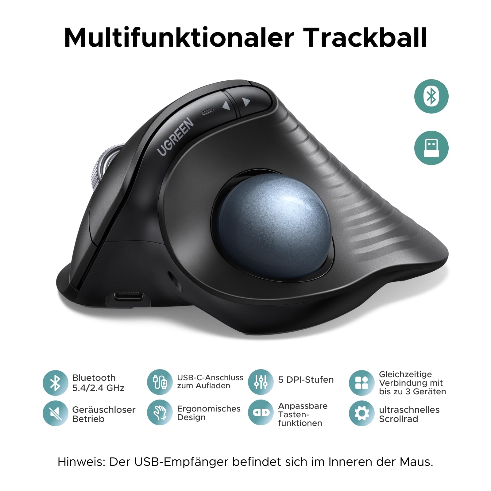 UGREEN Kabellose Trackball Maus Wiederaufladbare Ergonomische Maus | Bluetooth Maus mit Fingerbedienung, Ultra-schnelles Scrollen, 2.4G & Bluetooth Multi-Geräte für PC, Mac, Windows