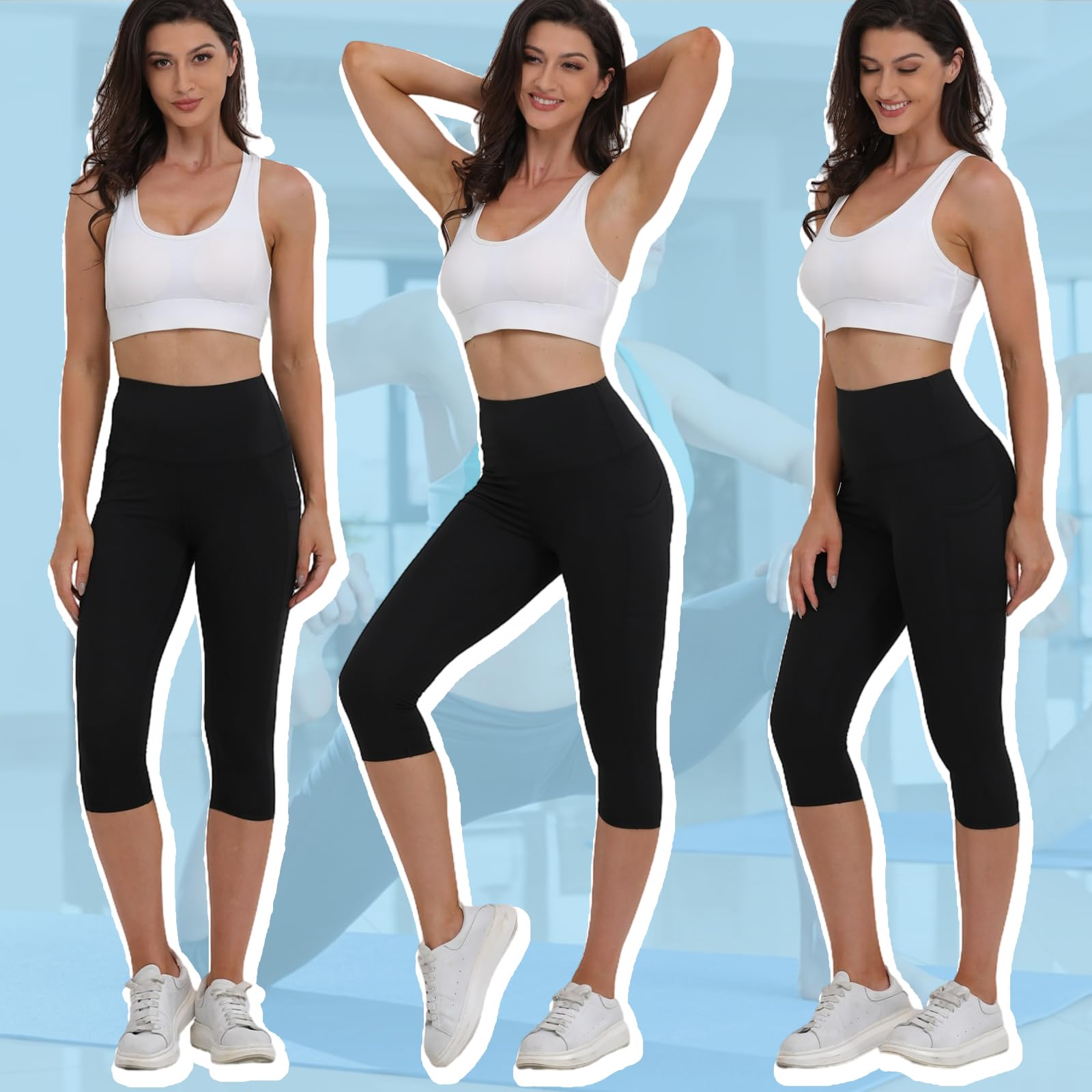 Merlvida Capri Legginsy damskie z wysokim stanem, sportowe legginsy z kieszeniami, nieprzejrzyste, krótkie, sportowe, elastyczne, czarne, spodnie 7/8, na lato, do jogi, siłowni, fitnessu