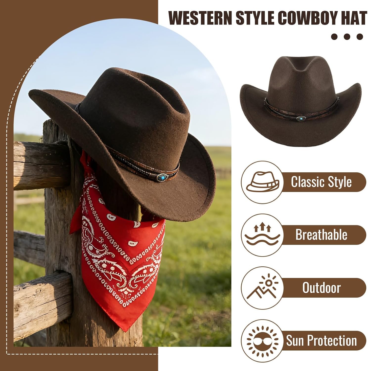 Brown Cowboy Hat for Men and Women, Outdoor Hat with Wide Brim and Chin Strap, Cowboy Hat Featuring Red Bandana (US, Alpha, One Size, Medium)
