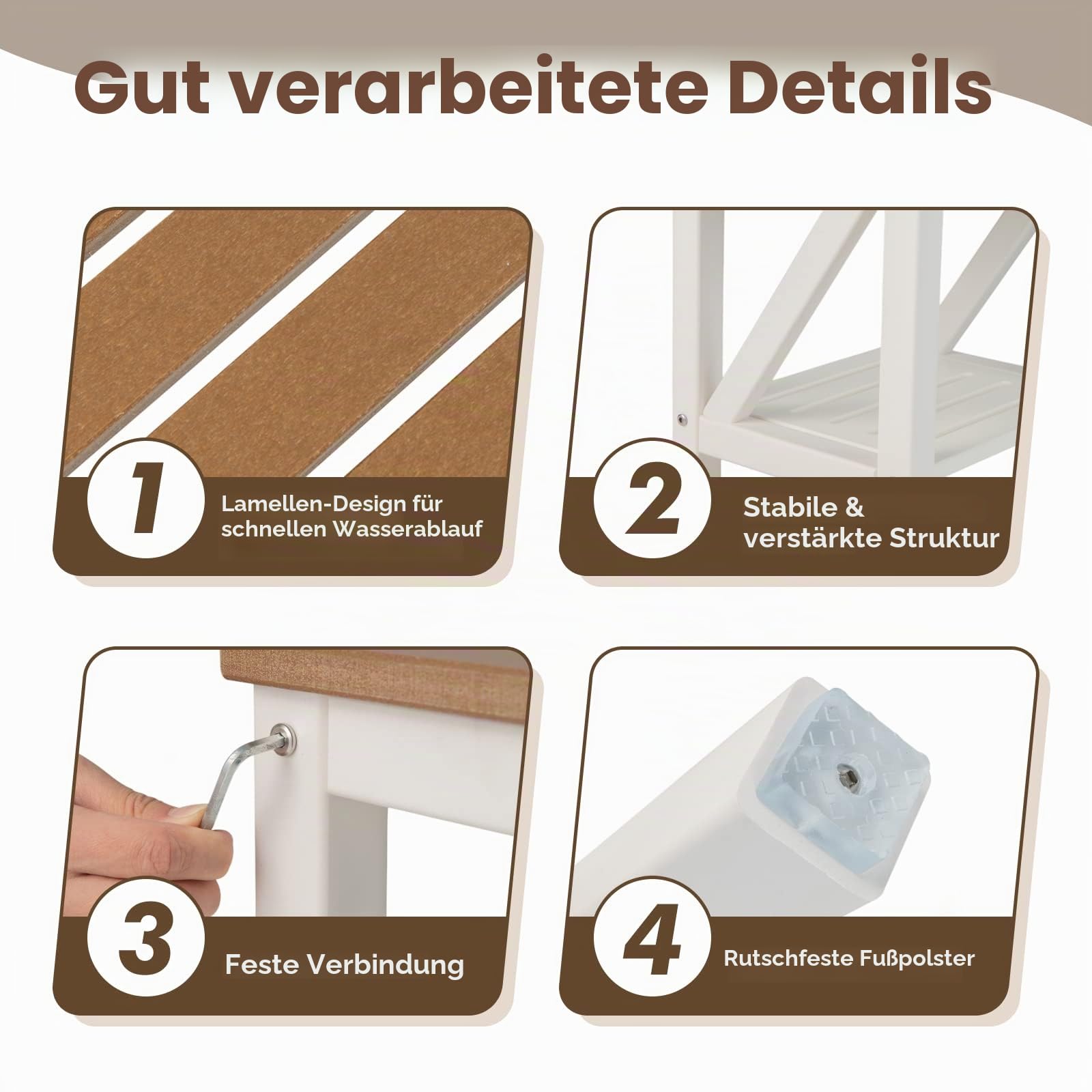 RELAX4LIFE Duschbank mit Ablage, Badhocker mit Rutschfesten Füßen, Duschstuhl bis 150 kg Belastbar, Sitzbank Wasserdicht, Badezimmerbank für Alte Schwangere, Weiß+Braun (43 x 32 x 47 cm)