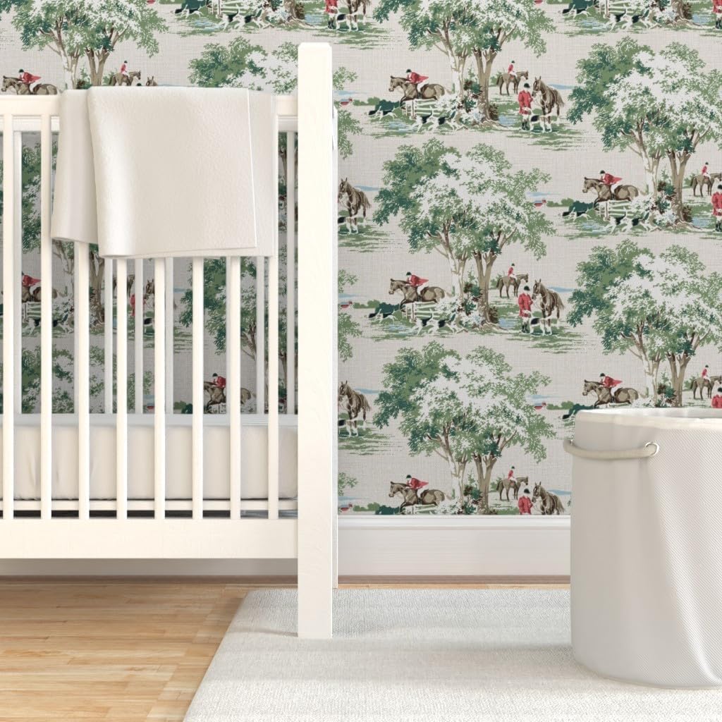 Peel & Stick Wallpaper 3ft x 2ft - Equestrian Toile Fox Hunting English Traditional Hunt Pony Horse Master Green Beige Red Custom Removable Wallpaper by Spoonflower