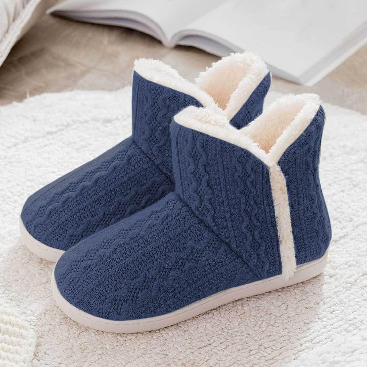 Knit Fuzzy Winter Bootie for Women:Fashion Lightweight Slip On Ankle Boots Fleece Warm House Outdoor Footwear Plush Shoes