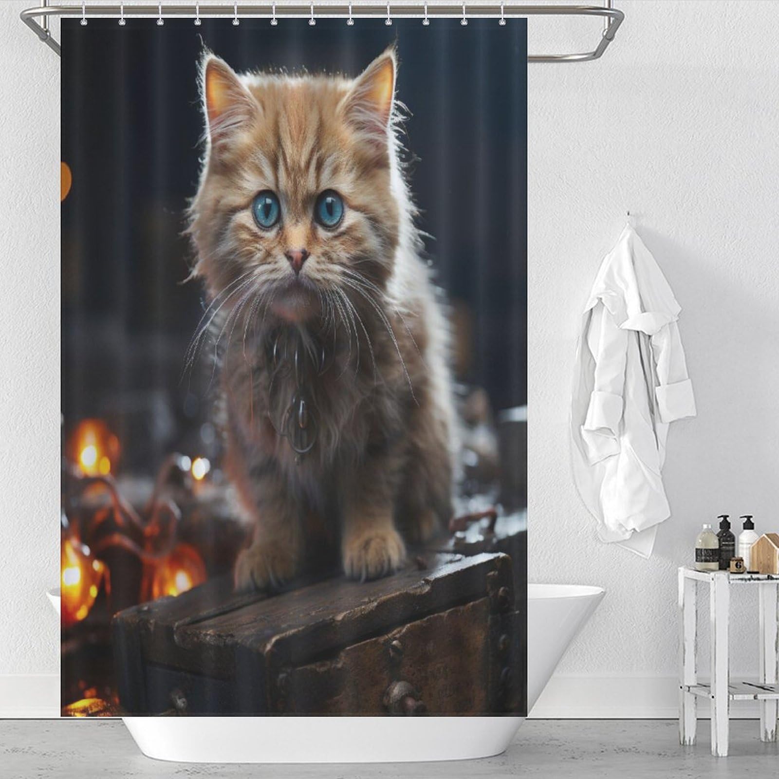 Rideau de douche chat mignon en tissu pour une salle de bain zen et chaleureuse