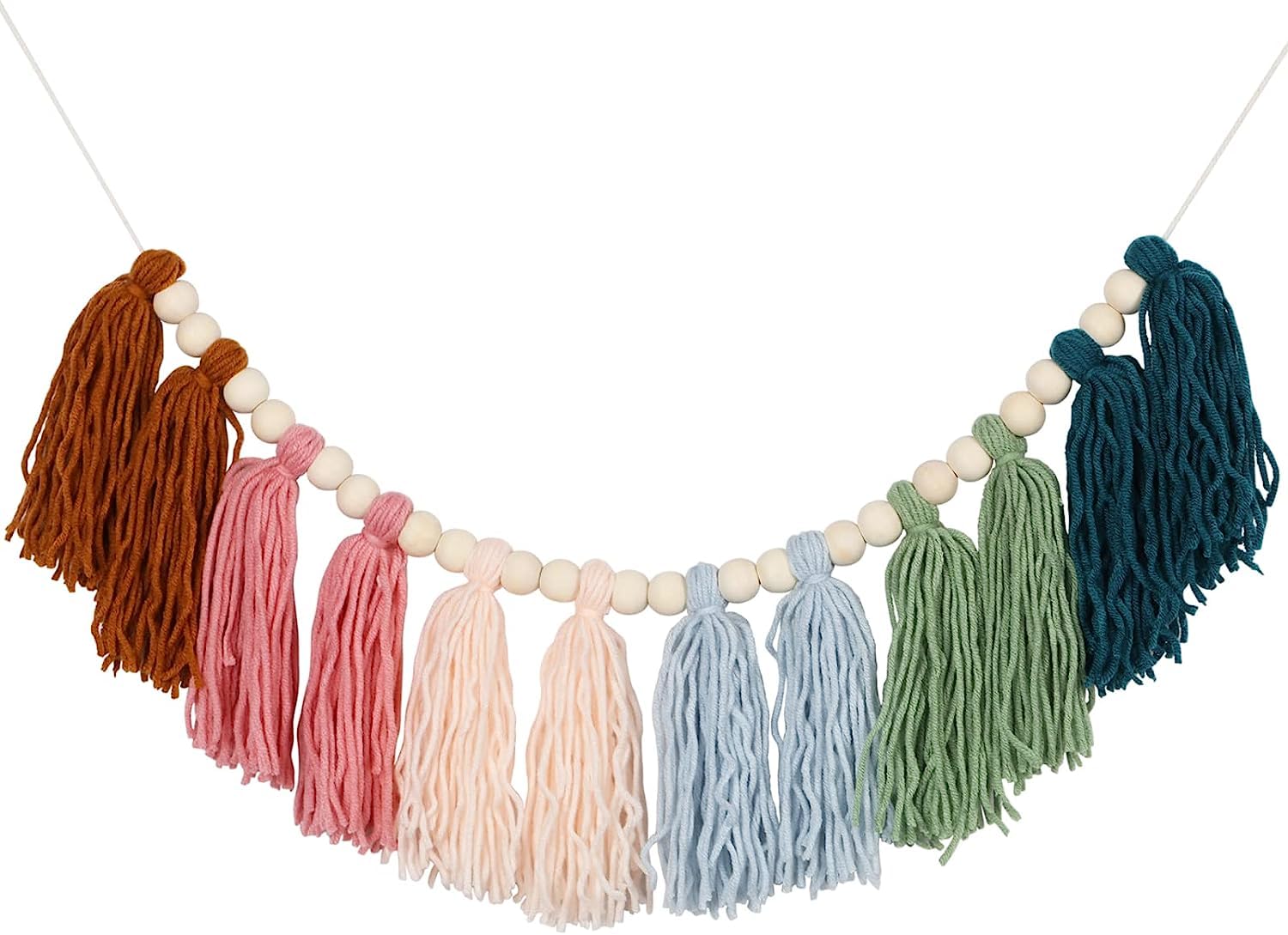 Colorful Boho Tassel Garland with Wood Beads Macrame Woven Banner Wall Hangings for Kids Bedroom Nursery Party Holiday Classroom Decoration (C)