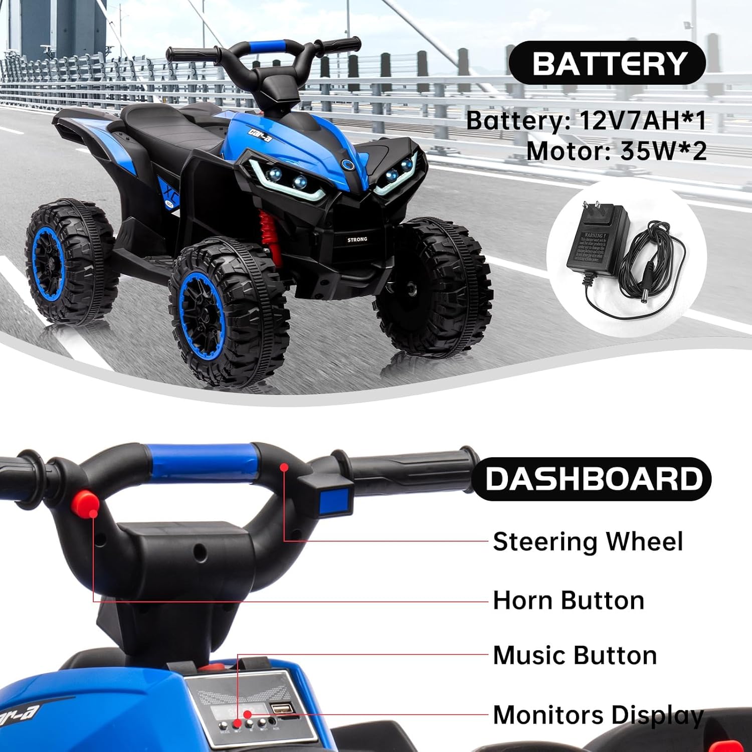 GarveeLife 12V Kids Ride-On Electric ATV, 35W Doubal Motor 4-Wheeler Off-Road 4WD Car Toy, Kids Ride On ATV with 2 Control Modes, Music, Horn, High Low Speeds, Led Lights, for Boys & Girls Gift, Blue