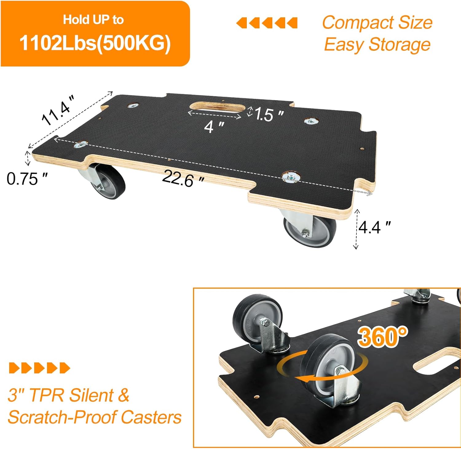 551lb heavy duty moving dolly, 4-wheel foldable hand truck with 11-layer plywood base, 3" silent tpr wheels, no-assembly utility cart for luggage, furniture, warehouse (spliceable(2 pack))