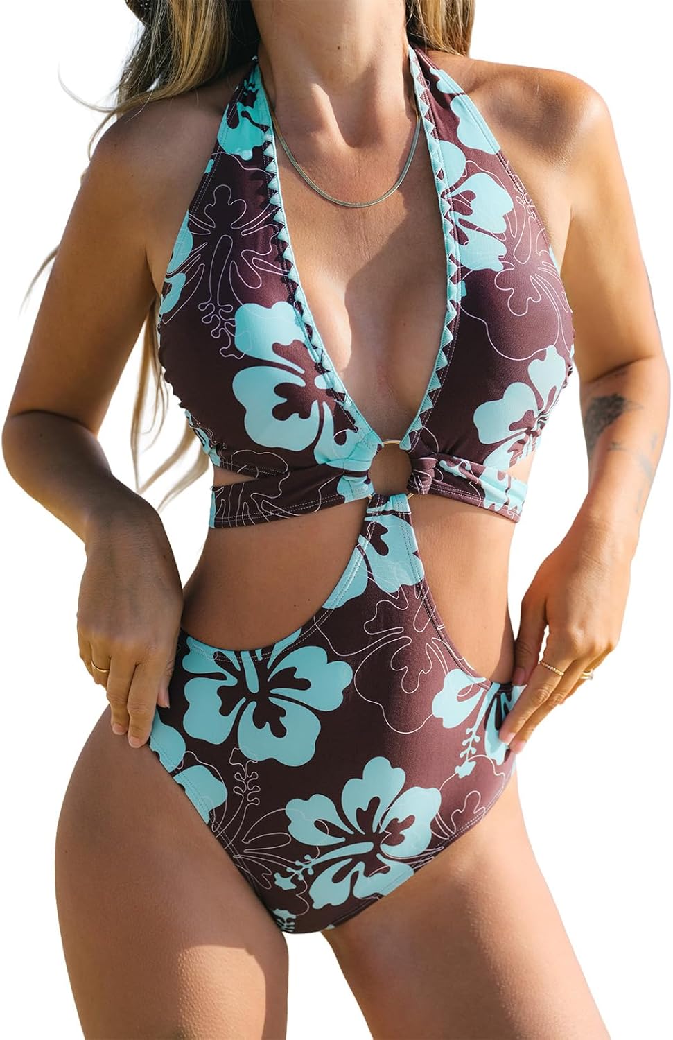 CUPSHE Women's One Piece Swimsuit Plunging Neck Halter Strappy Bathing Suit Cutout O Ring Shell Stitch Swimwear