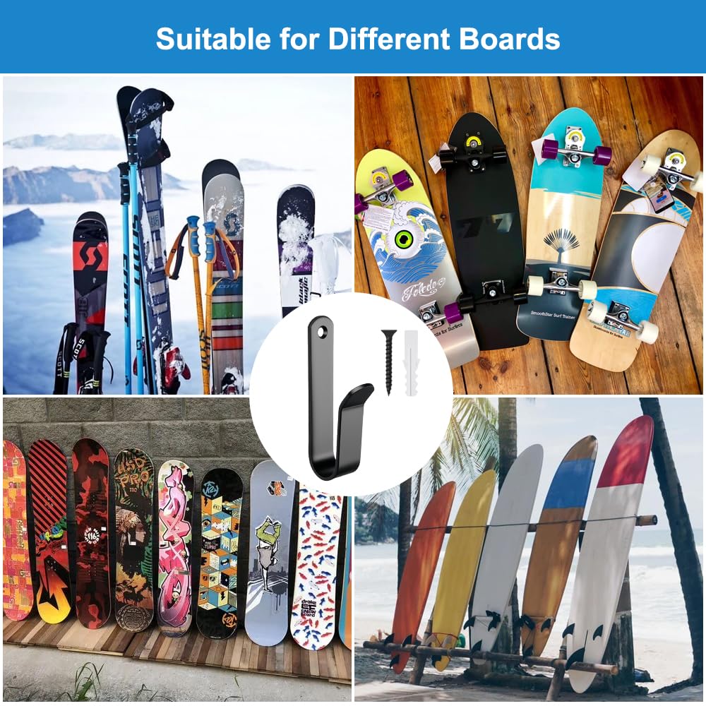 EXIN DECHEN 4 Piezas Soporte Skate Pared, Negro Estante de Exhibición para Snowboard Soporte de Pared para Monopatín con Tornillo para Tablas como Monopatines, Longboards, Wakeboards