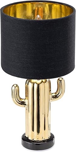 Navaris Lámpara de mesa de cactus dorada, lámpara pequeña de 12.8 pulgadas de alto con base de cerámica para mesas, con enchufe de bombilla de