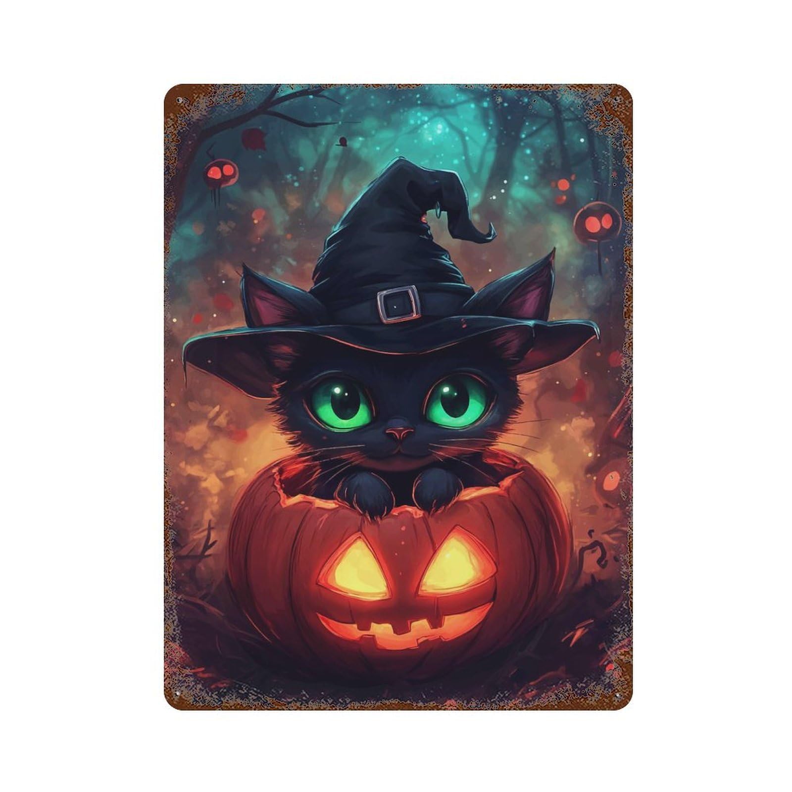 Black Cat in Pumpkin Rust Effect Tin Sign 15.7"x11.8", Ideal for Garage, Bar And Workshop Decor