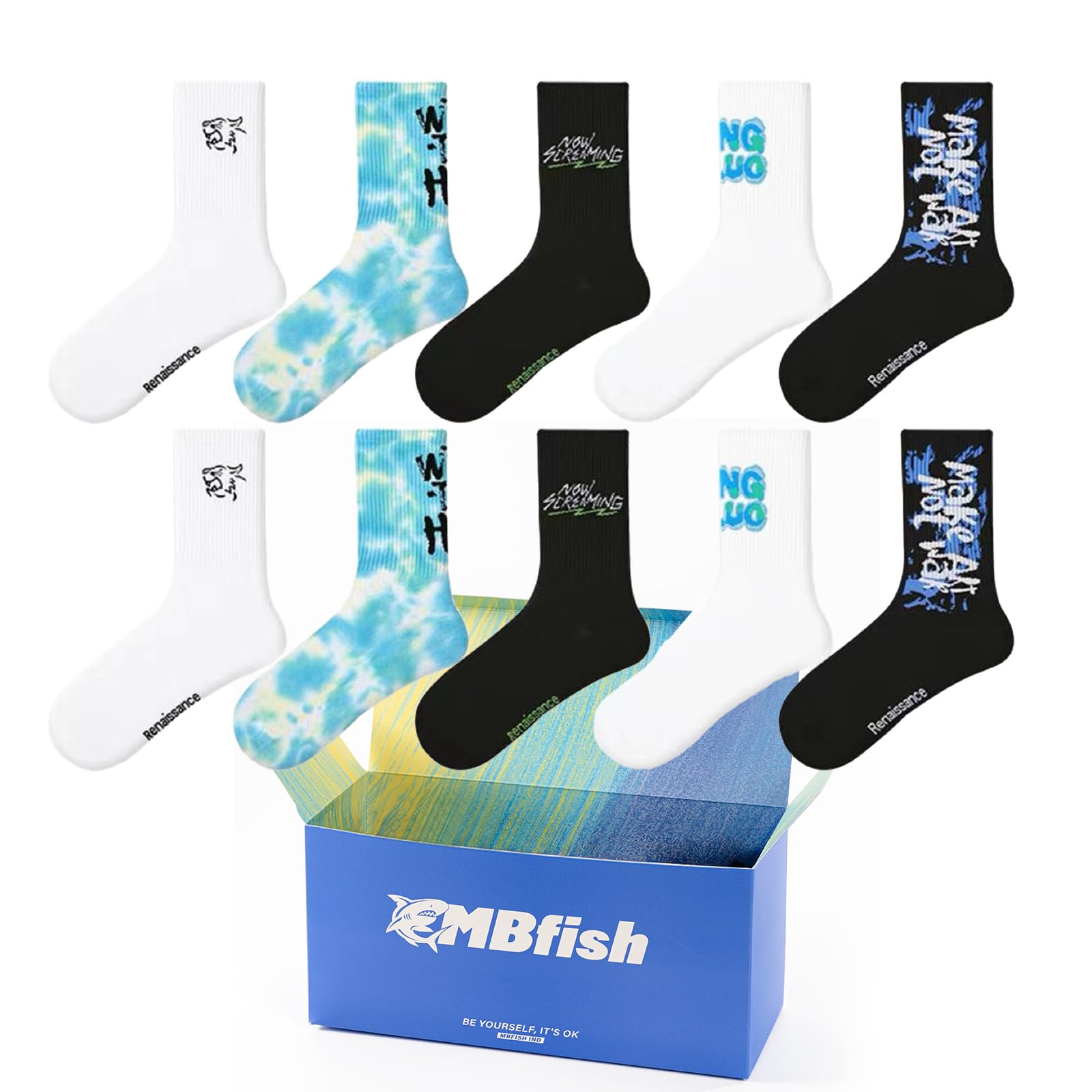 MBFISHNovelty Socks Super Value 5 Pairs Set for Men & Boys - Sporty Mid Calf Socks - Casual Cotton Gradient