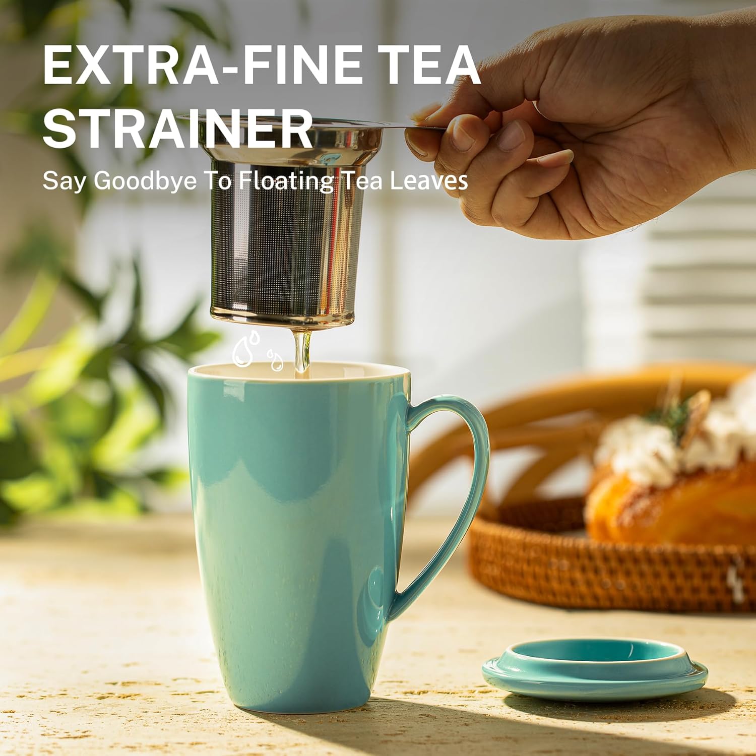Sweese 15oz Porcelain Tea Mug with Infuser and Lid – Microwave Safe, Ergonomic Handle, Lead-Free Glaze, for Loose Leaf Tea Mint Green; - Image 5