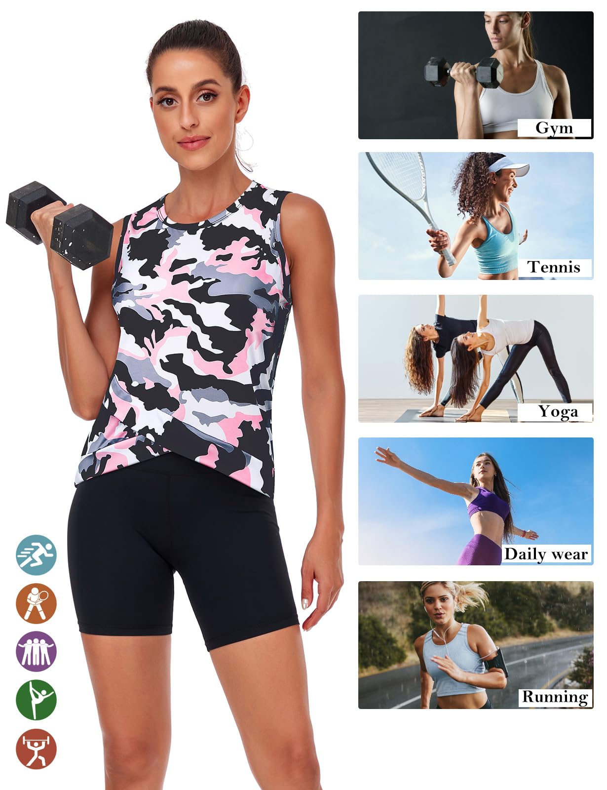Akiooue Camiseta sin mangas para mujer, sin mangas, para gimnasio, deportes, yoga, atletismo, correr, absorbe la humedad