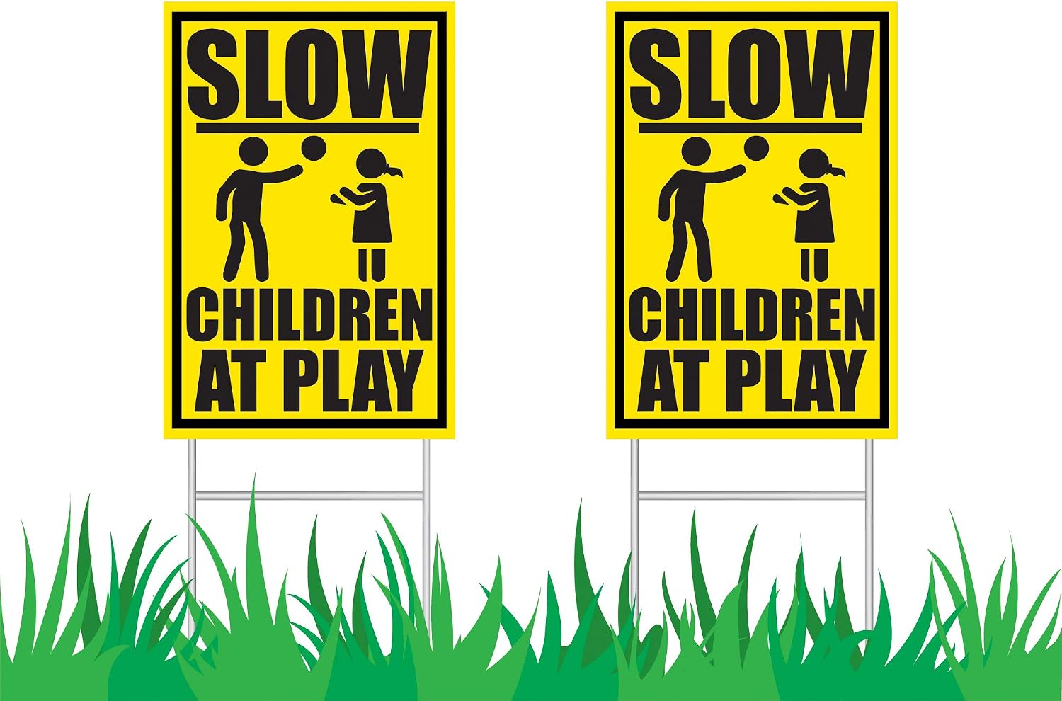 JekStar Slow Down Children at Play Caution Signs Set W/Stakes│Kids Playing Warning Traffic Sign for Neighborhood Streets│Unattended Children Safety Alert Sign Kit - 2 PK