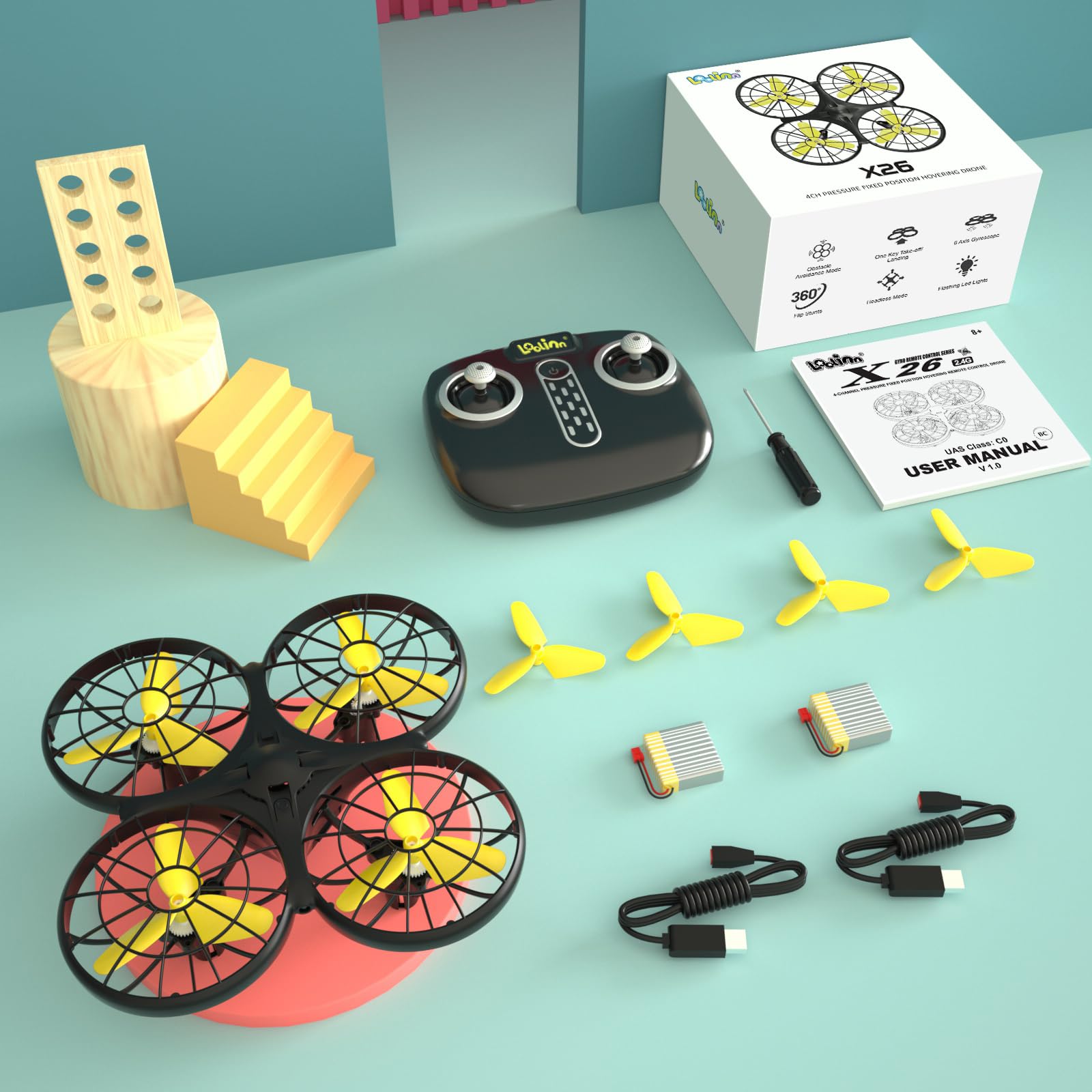 Loolinn | Dron dla dzieci - Mini dron, wewnętrzne drony RC z automatyczną technologią zapobiegającą kolizjom/odwrócenie 360° / tryb ręcznie sterowany/w zestawie dwa baterie (Prezent dla dzieci)